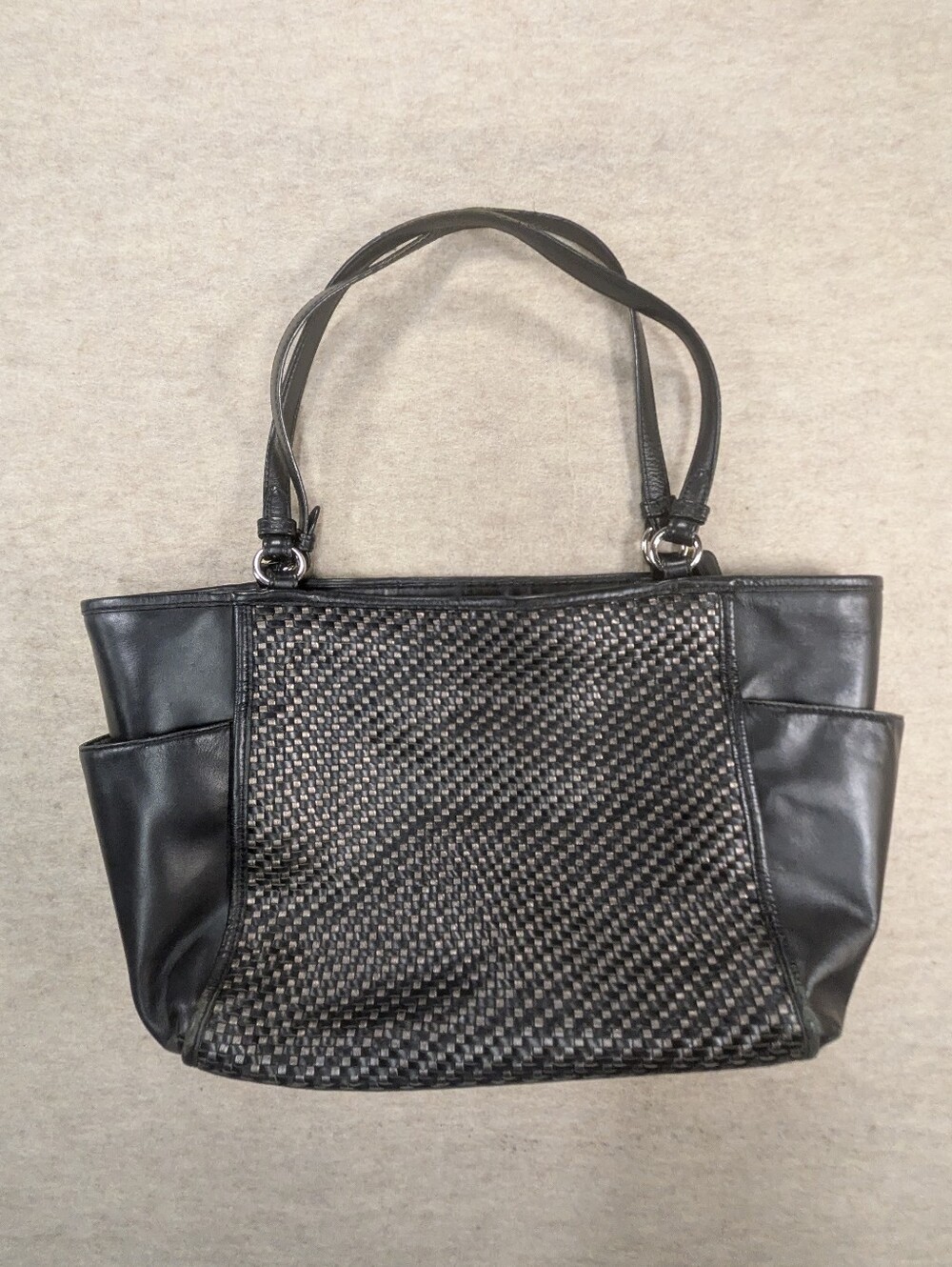 Coach Black Leather Park Woven Zipper Tote Medium Silver As Is Carry All